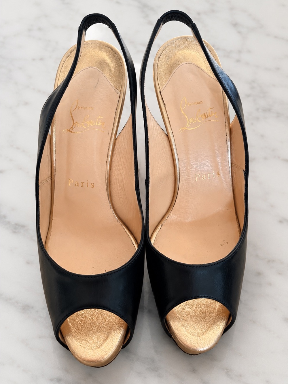 Christian Louboutin Black Leather Slingback Platform Heels Gold Heel Red Bottoms - Picture 2 of 7